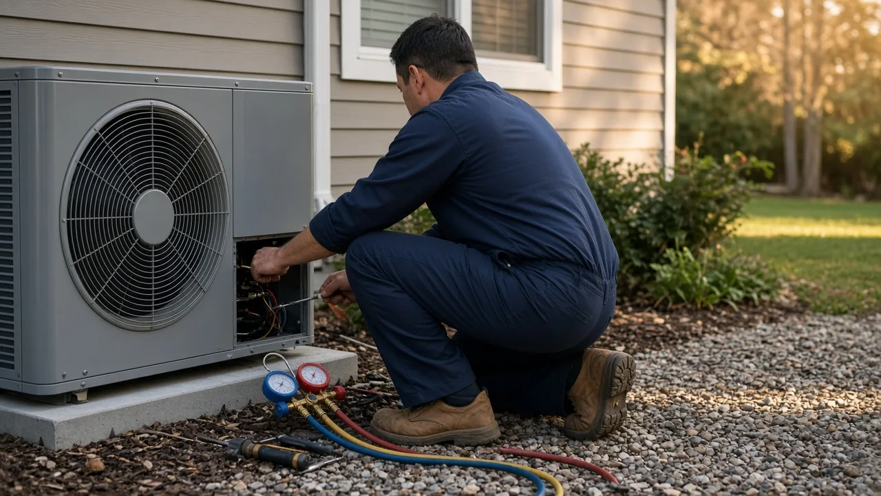 HVAC technician servicing an outdoor condenser unit